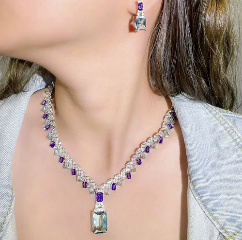 18k White Gold Plated Necklace Earrings Swarov Multicolor Blue purple Gemstone - Picture 2 of 3
