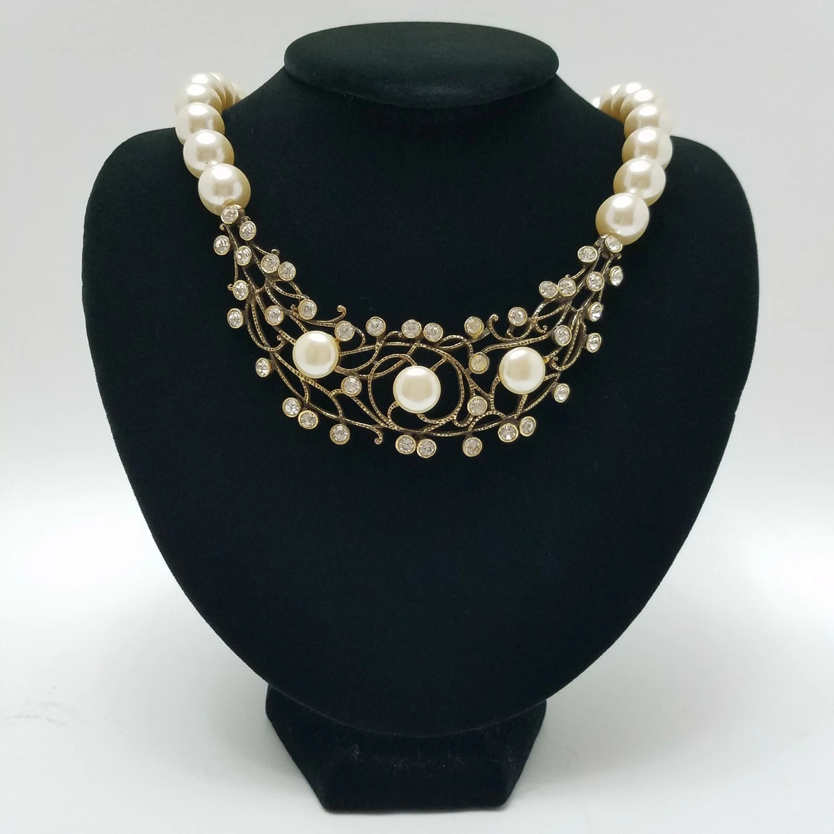 Vtg Colossal Faux Pearl Statement Necklace w Crystal Filigree