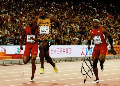 Jamaikanische Sprintlegende Usain Bolt signiert 16x12 Action Foto + Händler Echtheitszertifikat