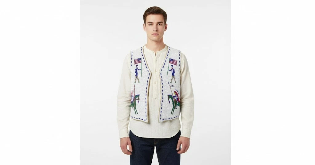 Vintage Beaded Regalia Powwow Vest Mens Cream Western Horse & Figure Motif Trim