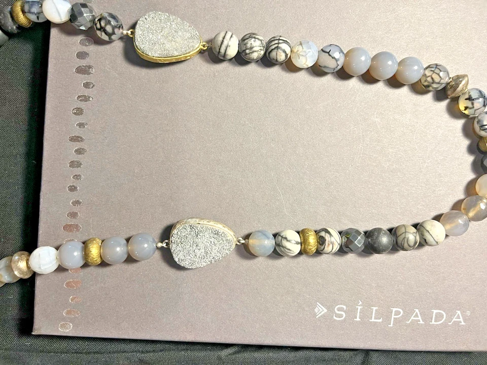 Ret., Vin. Collar Silpada Oda a Geoda-32" Gris Druzy,, Hematita, Cuentas de Plata Foto 2 de 3