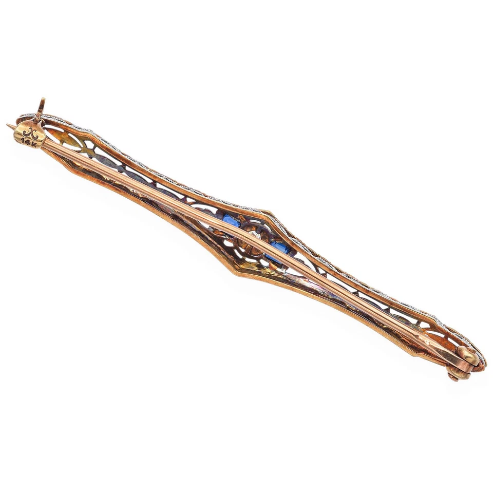 Broche barra Art Deco platino y oro 14k zafiro y diamante Foto 3 de 4