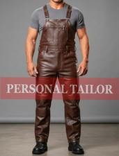 Men's Brown Leather Dungaree Jumpsuit Overall Bib Utility Motor Biker Uniform