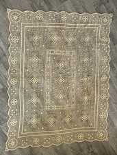 Antica tovaglia pizzo filetto 75”x60” lino lavorato a mano europea vintage