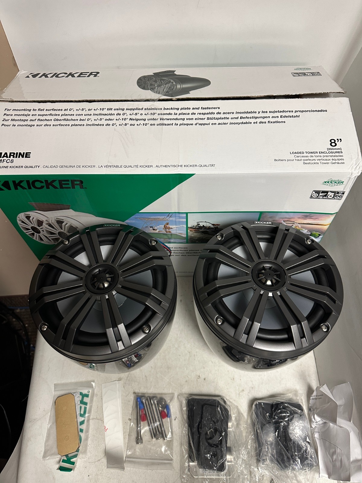 KICKER 46KMFC8 8" Flat Mount Loaded Marine Wake Towers / 46KM84L Speakers Black