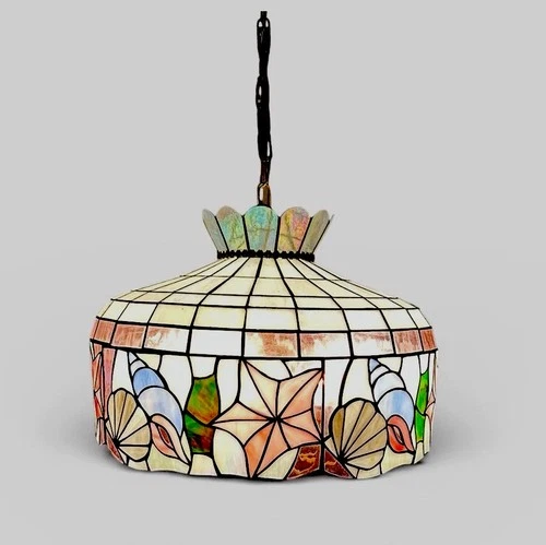 Vintage Tiffany Style Stained Glass 9 Light Large Hanging 3 Way Lamp Seashells
