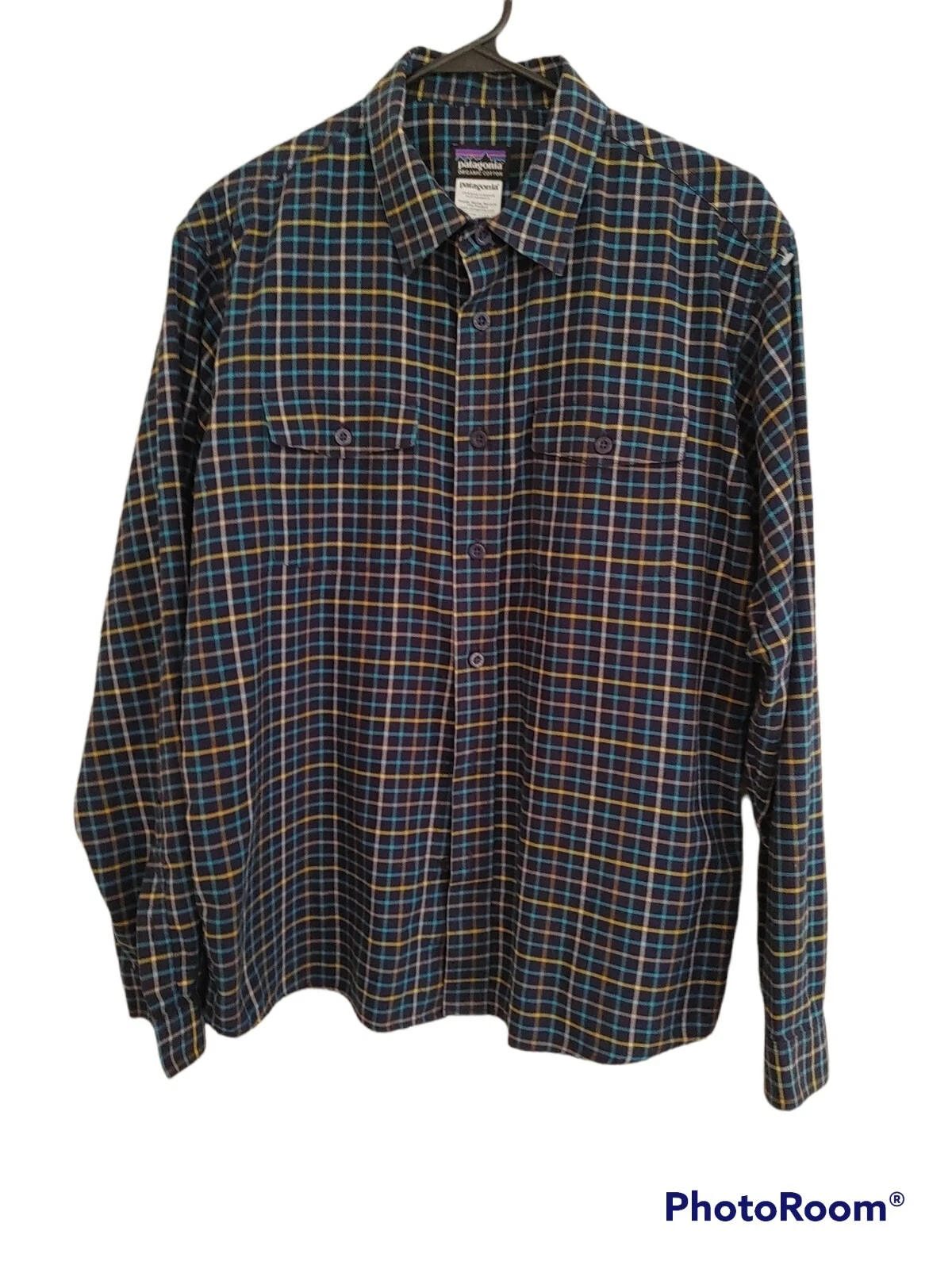 Patagonia Men's Shirt Button Up Blue Check Org. Cot Long Sleeve Medium