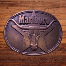 Vintage 1987 MARLBORO Philip Morris Inc. Solid Brass Belt Buckle