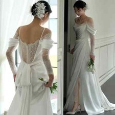 Boho Lace Satin A-Line Wedding Dress Sexy Spaghetti Side Split Long Sleeves