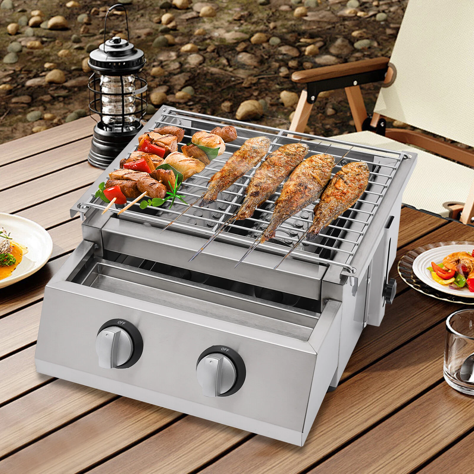 Portable 2 Burner Gas BBQ Grill Tabletop Camping Smokeless Grill Stainless Steel