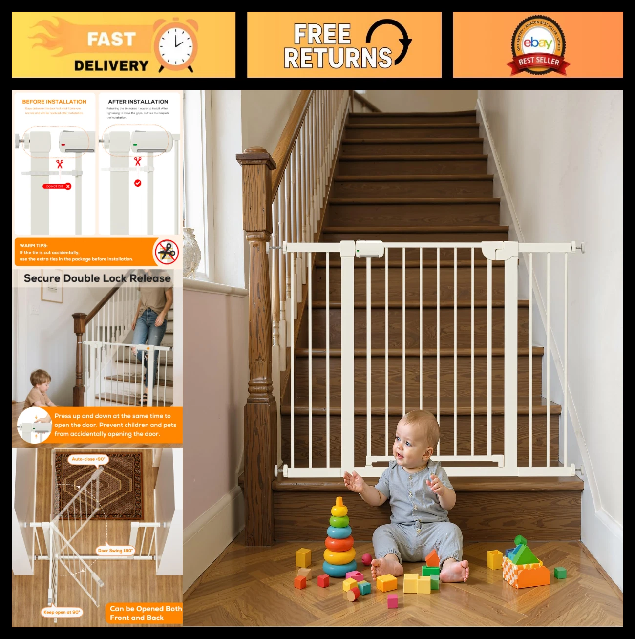 Adjustable Magnetic Baby Gate 29.5-46" for Stairs & Doorways, Auto Close, Easy I