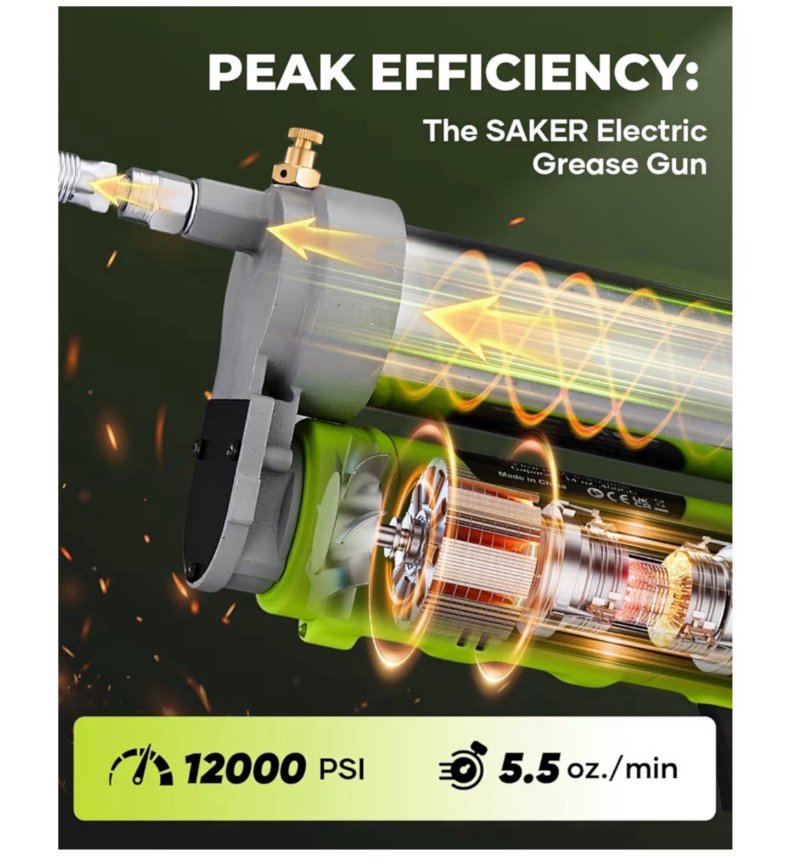 Saker Electric Grease Gun Kit 12000 PSI LED 40” Hose 5.5oz/min 2-2Ah Batteries