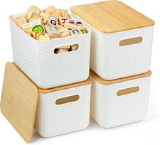 4-Piece Storage Box Set with Bamboo Lids - Stackable Storage Containers. White