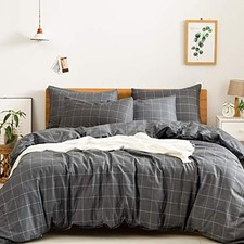 100 Natural Cotton 3pcs Plaid Duvet Cover Sets,Black with Queen 90" 90" 1103