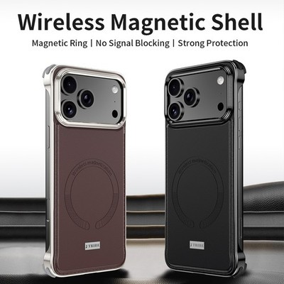Rahmenlos Magnetic Metal Hülle für iPhone 17 Pro Max 16 15 PU-Leder Cover Etuis