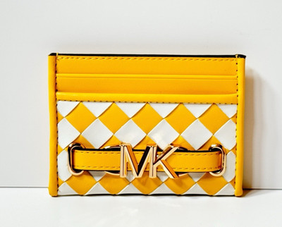 Michael Kors Jet Set Reed Card Holder Wallet Woven Golden Yellow Multi