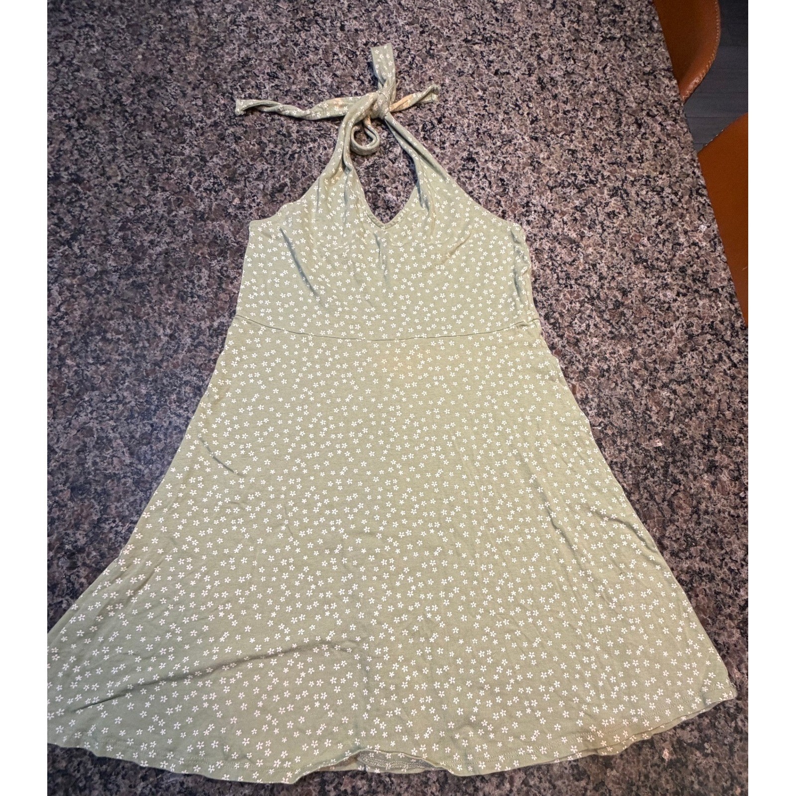 Forever 21 Halter Dress Sage Green Floral Daisy Print Mini Sun Dress Large