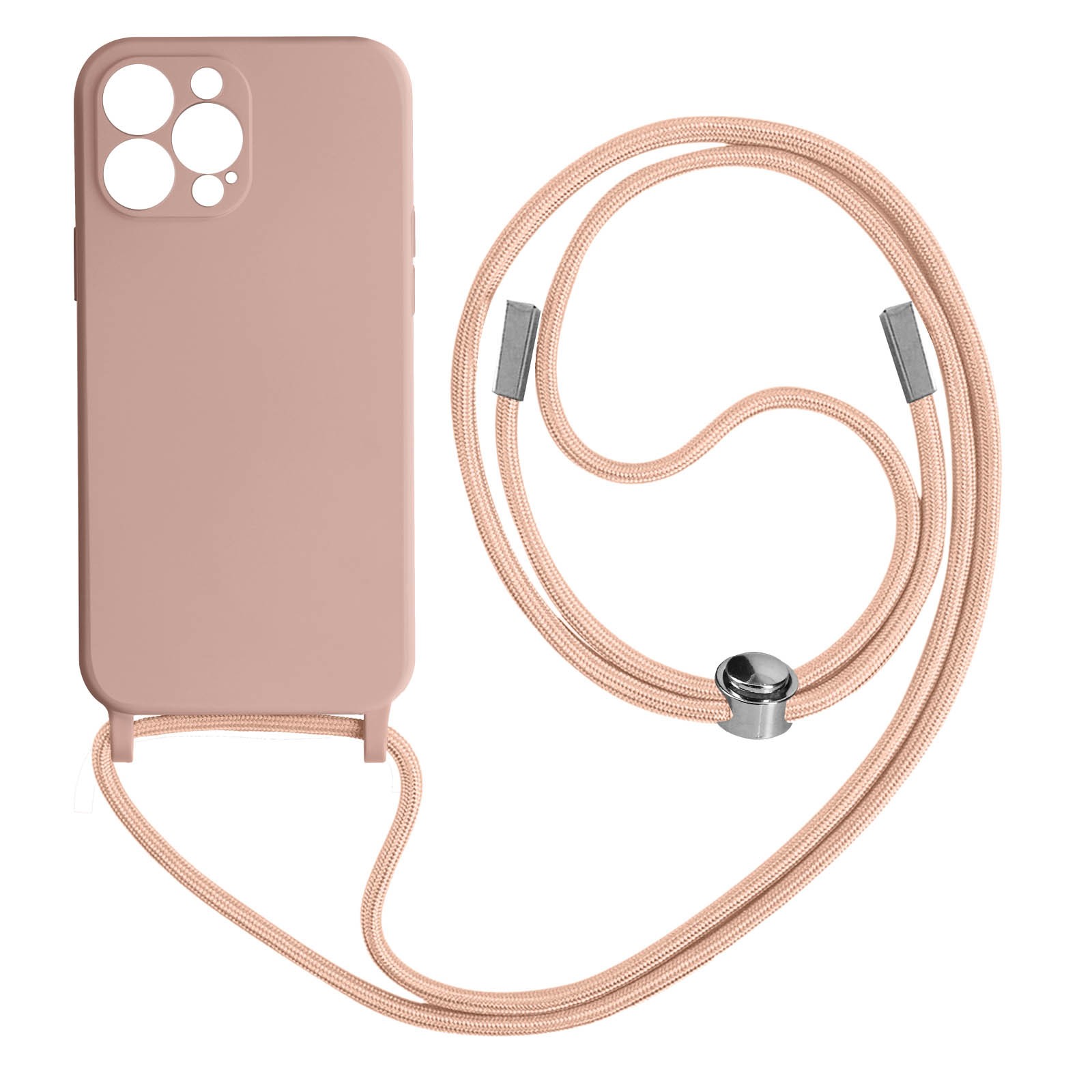 Coque iPhone 13 Pro Max rose avec cordon de 80cm pour garder les mains libres en festival