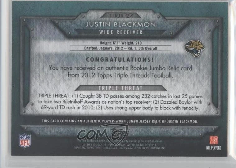 2012 Topps Triple Threads Rookie Jumbo Relic Emerald /50 Justin Blackmon RC - Image 2 of 2