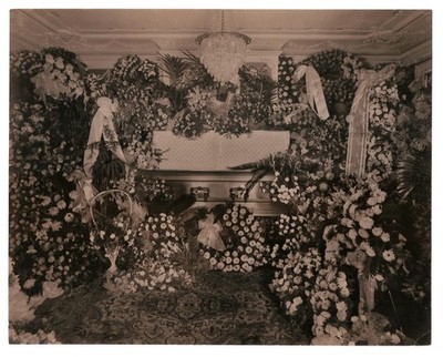 Antique POST MORTEM  Photo FANCY FLOWERS Casket FUNERAL HOME 9.5'' X 7.5'' #4