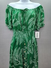 Anthropologie Kindred 3X Leaves Boho Smocked Split Front Green Maxi Dress