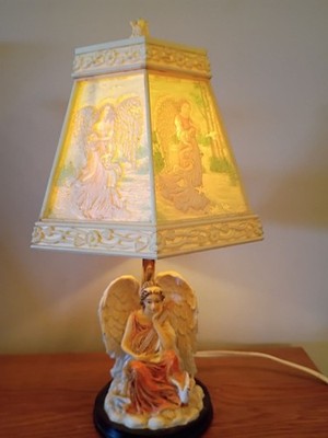 VTG Table Lamp Cherubs 6-Panel Lithopane Shade Angels Resin 11'' Romantic Cottage