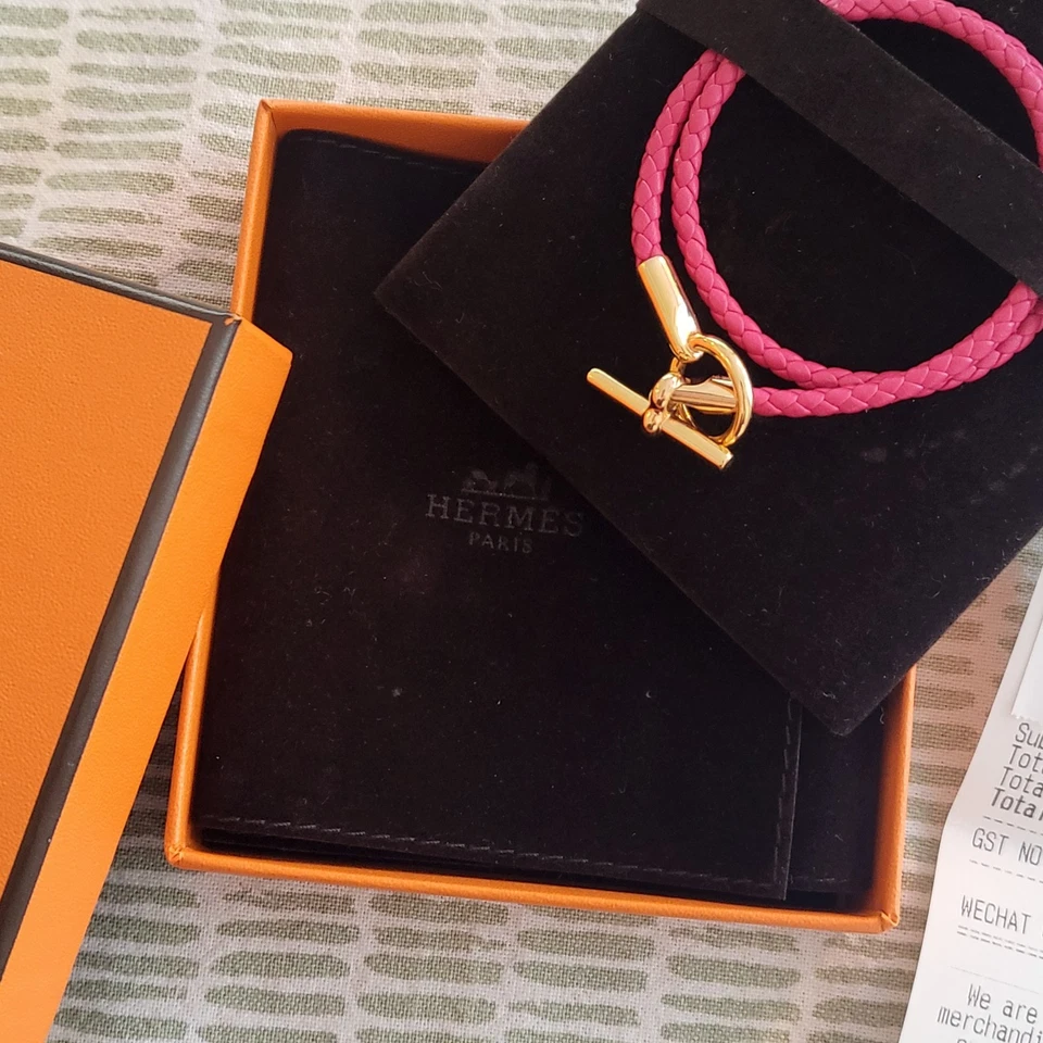 Auténtico Brazalete Hermès Glenan Doble Tour Rosa Caliente Trenzado Piel de becerro Oro Rosa Foto 2 de 3