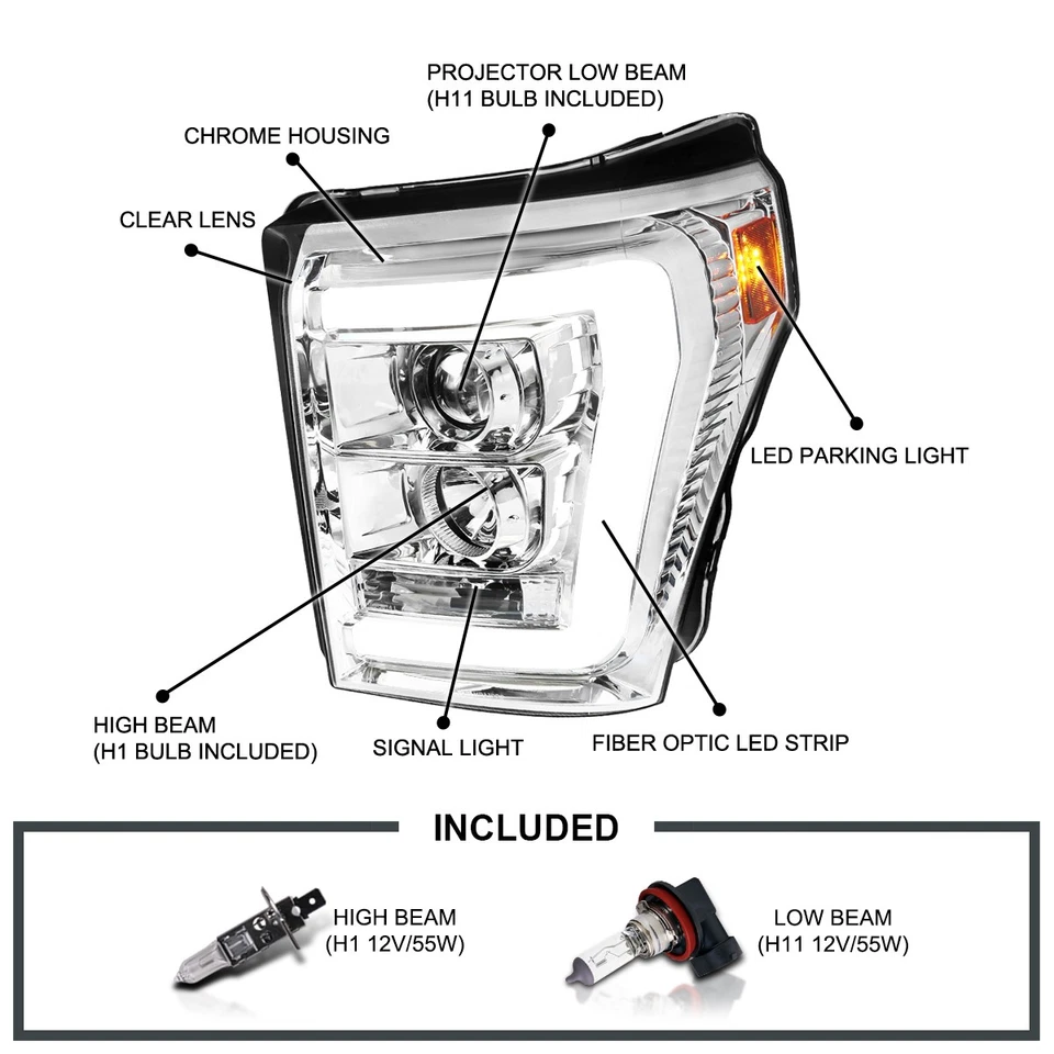 Fits 2011-2016 Ford F250 F350 F450 F550 Super Duty Projector Headlights LED Bar - Изображение 3 из 4