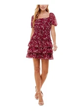 CITY STUDIO Womens Tie Pouf Sleeve Above The Knee Party Fit + Flare Dress