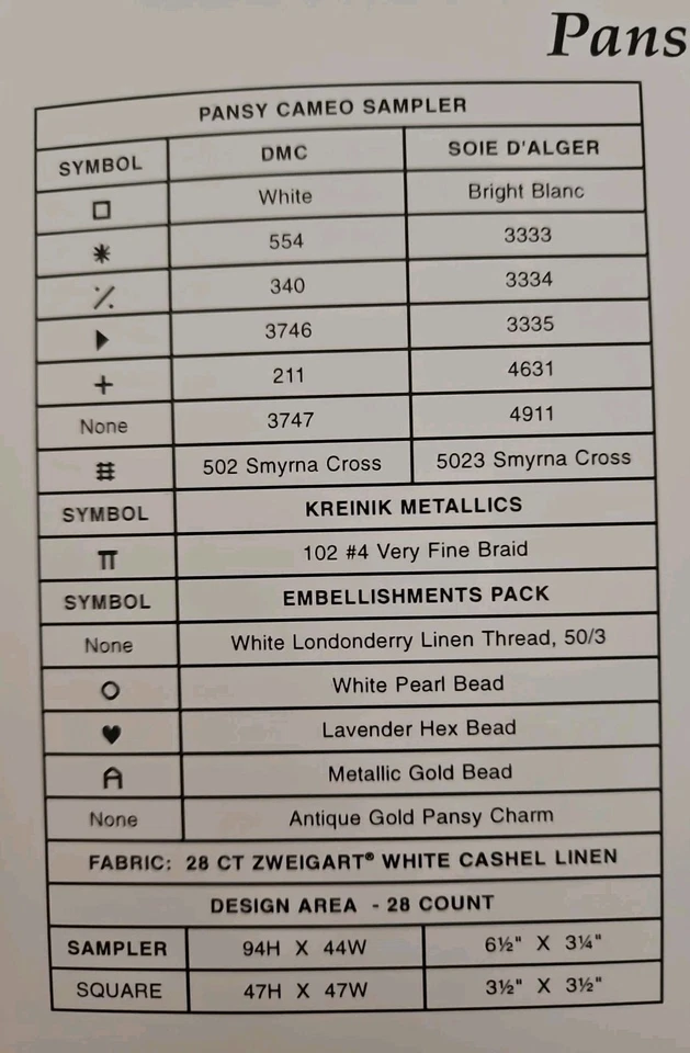 Just Nan PANSY CAMEO Cross Stitch Pattern LIMITED EDITION CLASS PROJECT SERIES  - Image 3 of 4