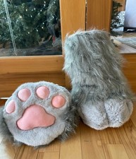 Plush Gray Cat Dog Animal Feet Paws Slippers Warm Cozy Soft Cosplay - New