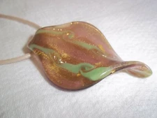 Glass Lampwork GREEN and GOLD Large Pendant on CREAM Cord Necklace J-173