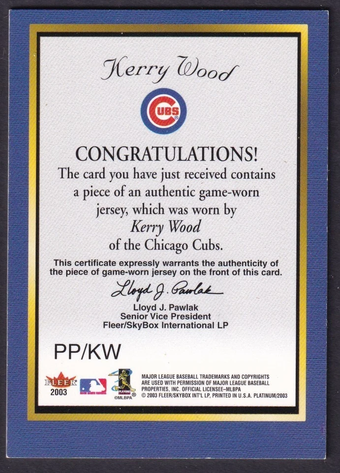 Kerry Wood 2003 Fleer Platinum Portraits Game Jersey Relic Chicago Cubs KW  - Image 3 of 3