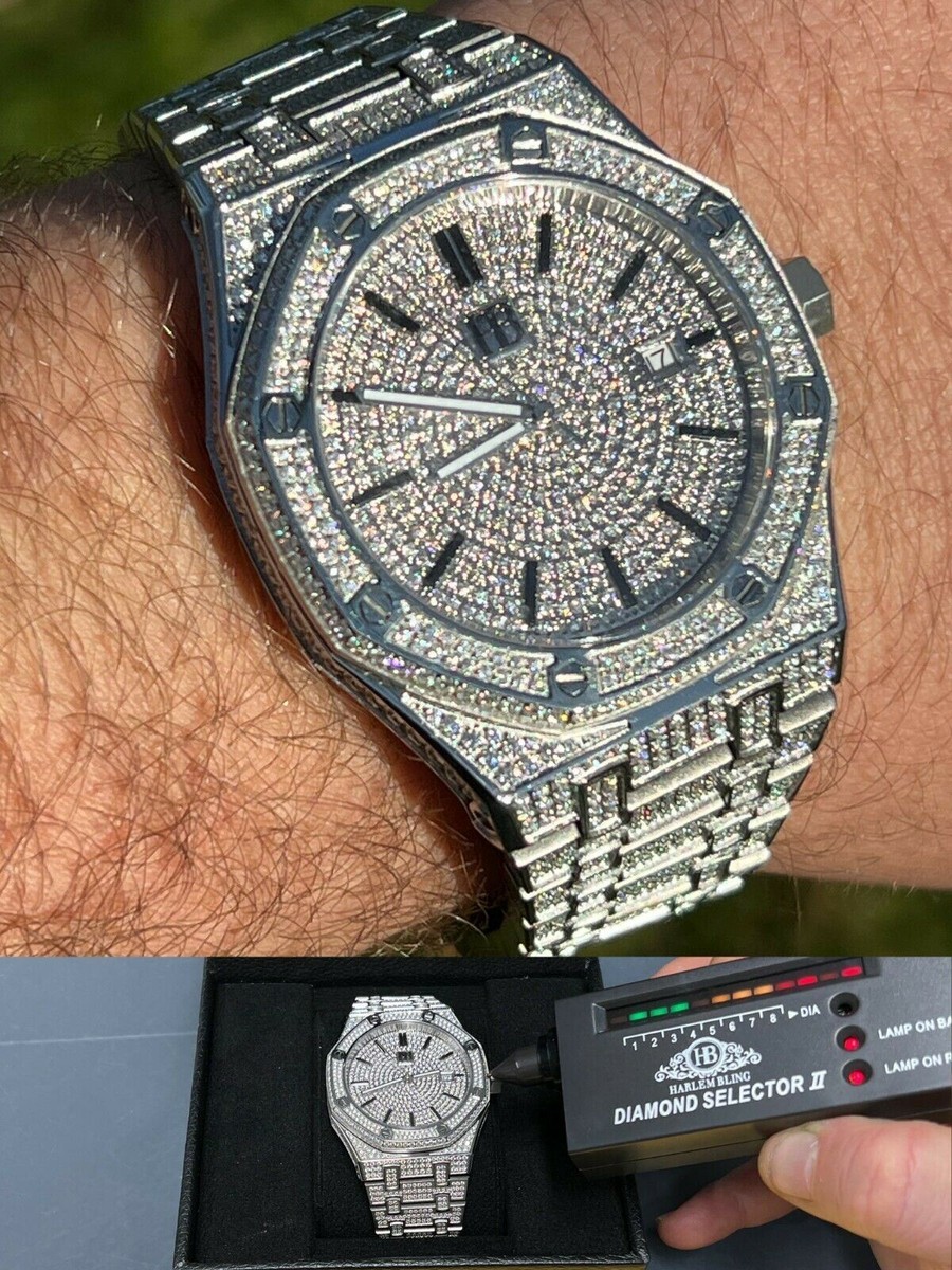 Real MOISSANITE Mens Watch Iced Skeleton Back 44mm Hip Hop Passes