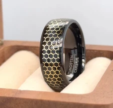 High Polished Black Tungsten Christmas Gifts Band Gold Honeycomb Pattern Ring