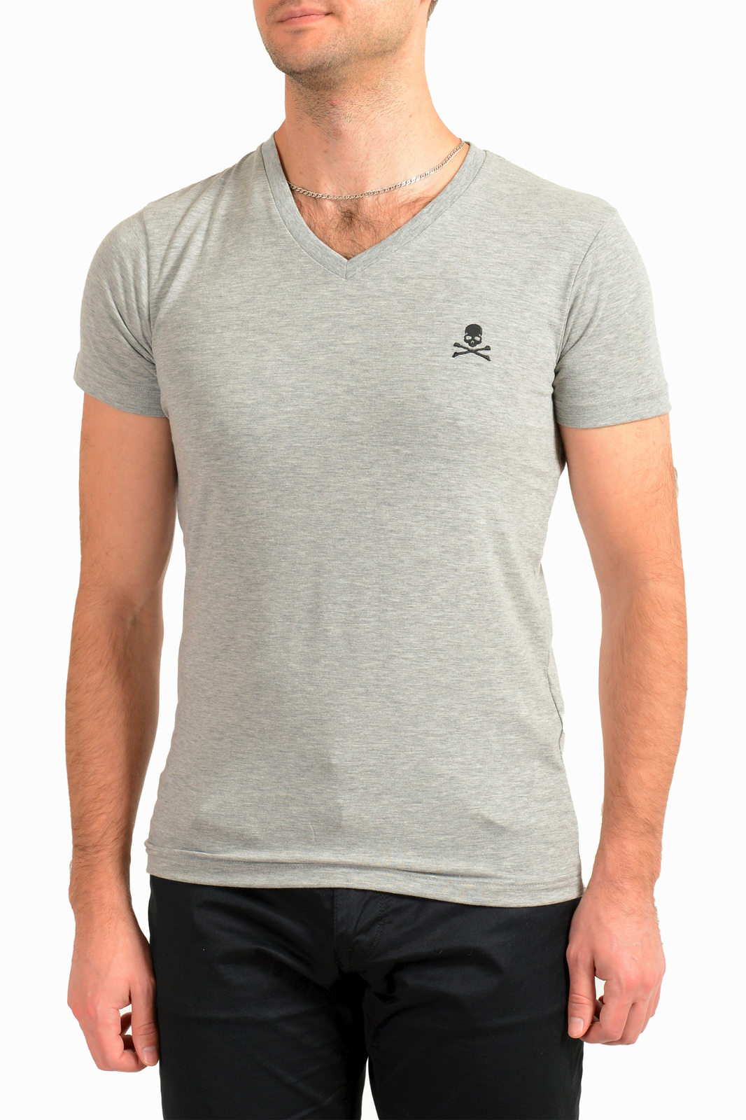 Мужская серая футболка Philipp Plein с коротким рукавом и V-образным вырезом с логотипом Philipp Plein 8190₽