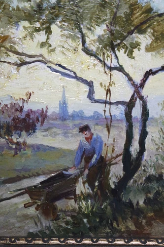 Belgischer Maler um 1930 unleserlich signiert Mann mit Schubkarre an einem Fluss - Bild 6 von 9