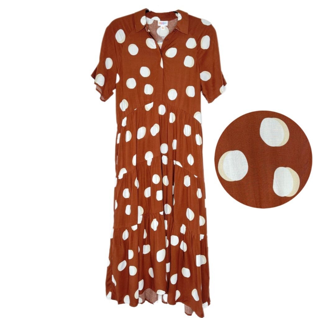 LuLaRoe LARGE Helene Tiered Midi Dress Pockets Brown White Polka Dot | eBay
