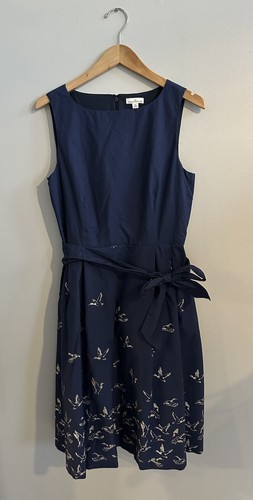 L.L Bean Signature Poplin Navy Bird Midi Dress Women’s Size 12