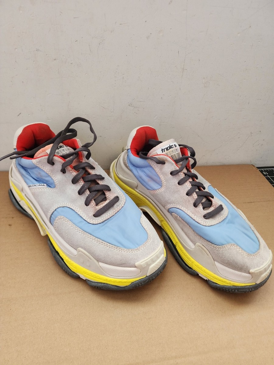 Balenciaga Triple S V2 Blue Yellow Suede Nylon Speed Flat Trainer