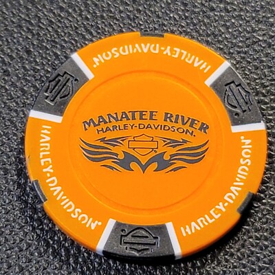 MANATEE RIVER HD ~ FLORIDA (Orange/Black B&S back) Harley Poker Chip (CLOSED)