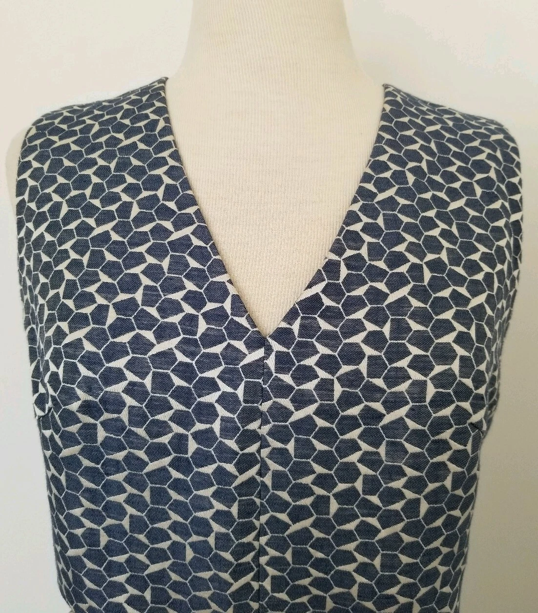 Abito Tory Burch blu navy panna tessera ginocchio lino taglia 8 $495