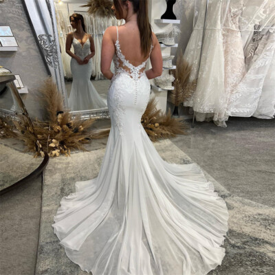 Simple Mermaid Wedding Dresses Deep V-Neck Sleeveless Spaghetti Strap BridalGown