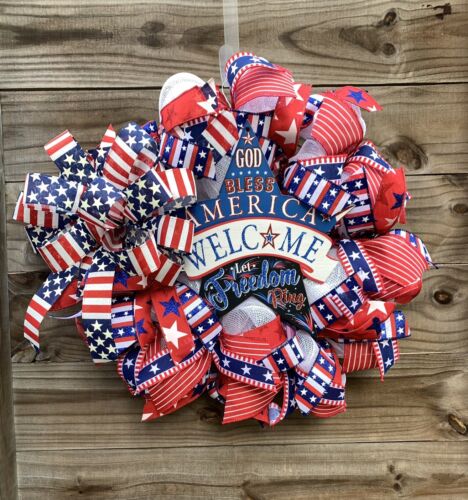 Patriotic Wreath Red White Blue USA Fourth Of July America Decor