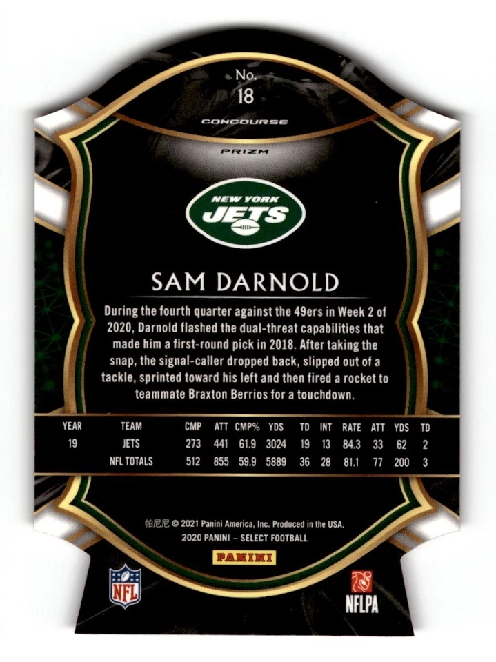 2020 Panini Select Die Cut Prizm Red Sam Darnold #18 New York Jets - Image 2 of 2