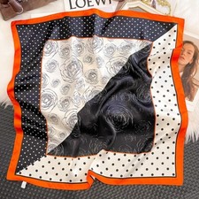 100 Mulberry Silk Square Scarf Women Neckerchief Wrap Black White Flowers 68cm
