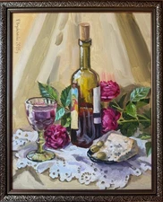 Still life Wine, a glass of red, a blue cheese, olives Original Oil Painting