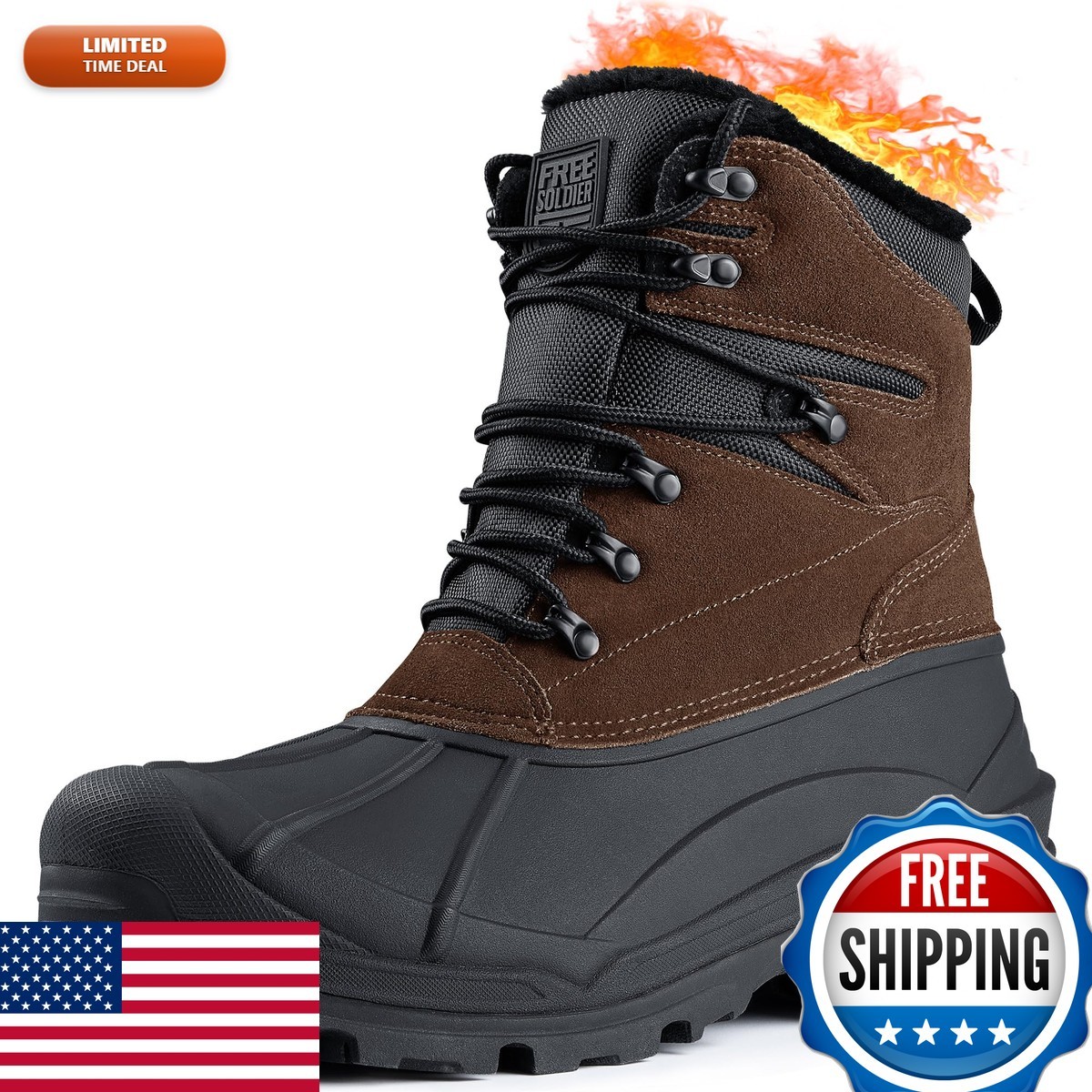 FREE SOLDIER Men's Waterproof Fleece Winter Snow Boots Brown Size 13