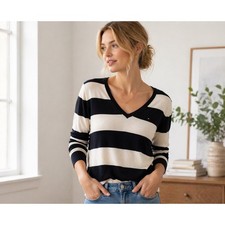 Tommy Hilfiger Womens Rugby Striped V-Neck Sweater Navy Cream Knit Pullover Med