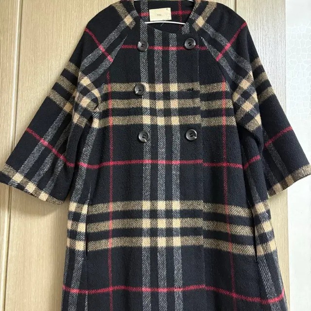 Check Pattern A-Line Semi-Overcoat Free Size Wool Fabric